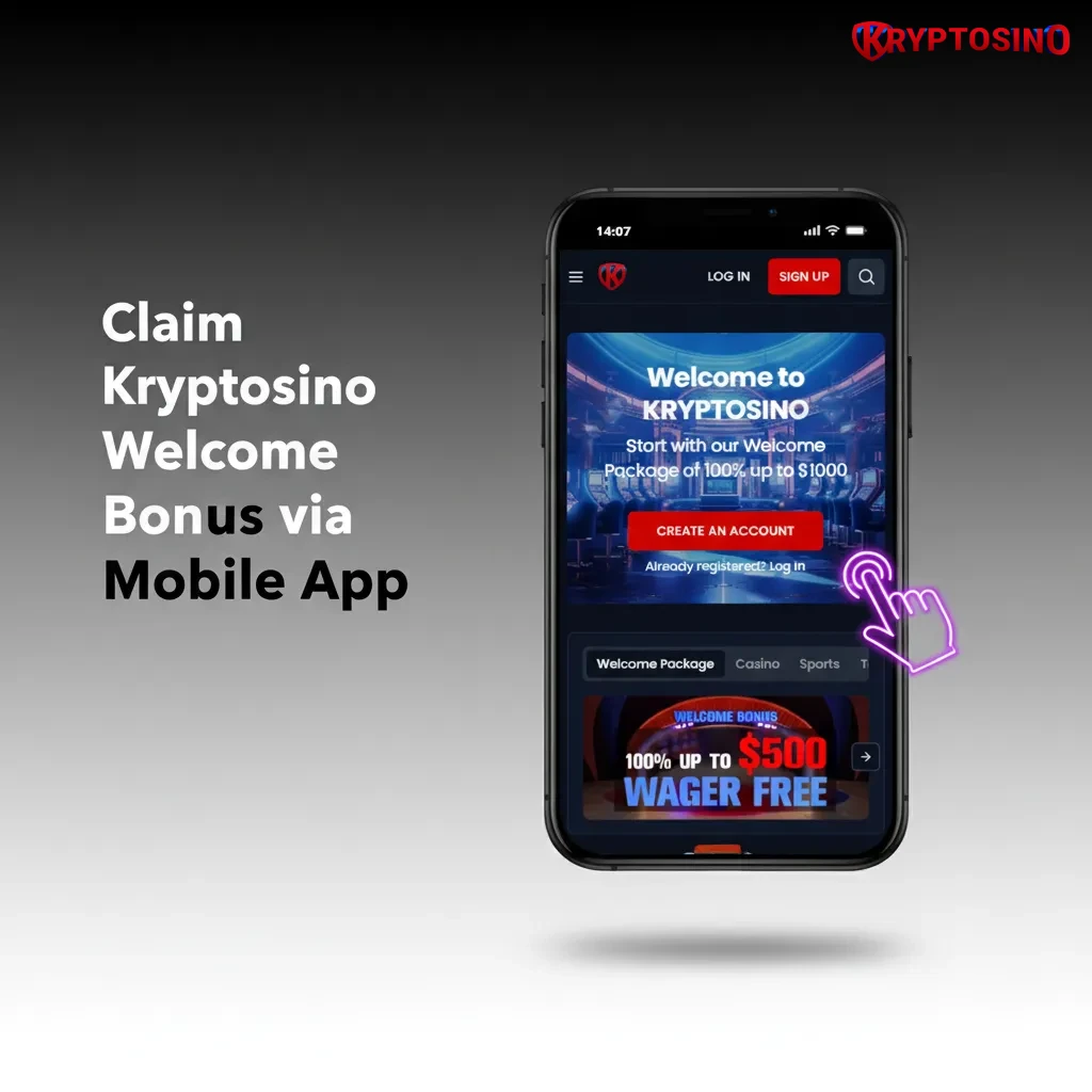 Smartphone with Kryptosino app on iOS/Android: sign in, pick welcome bonus, deposit $20 CAD, start playing.