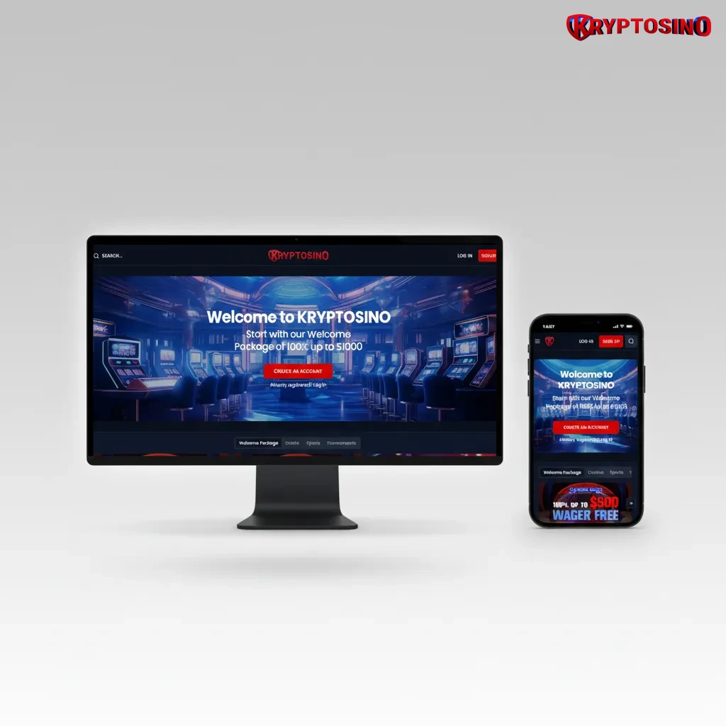 Kryptosino responsive UI with top nav: Sports, Live, eSports, Casino, Promotions, VIP, Help; account, deposit, bet slip