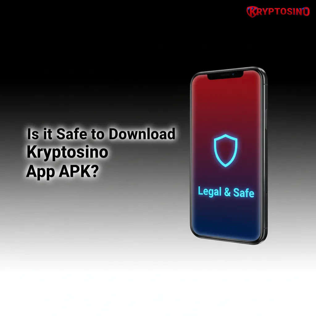 Phone displaying Kryptosino APK with lock and shield, signaling licensed, SSL-encrypted, secure mobile casino gaming.
