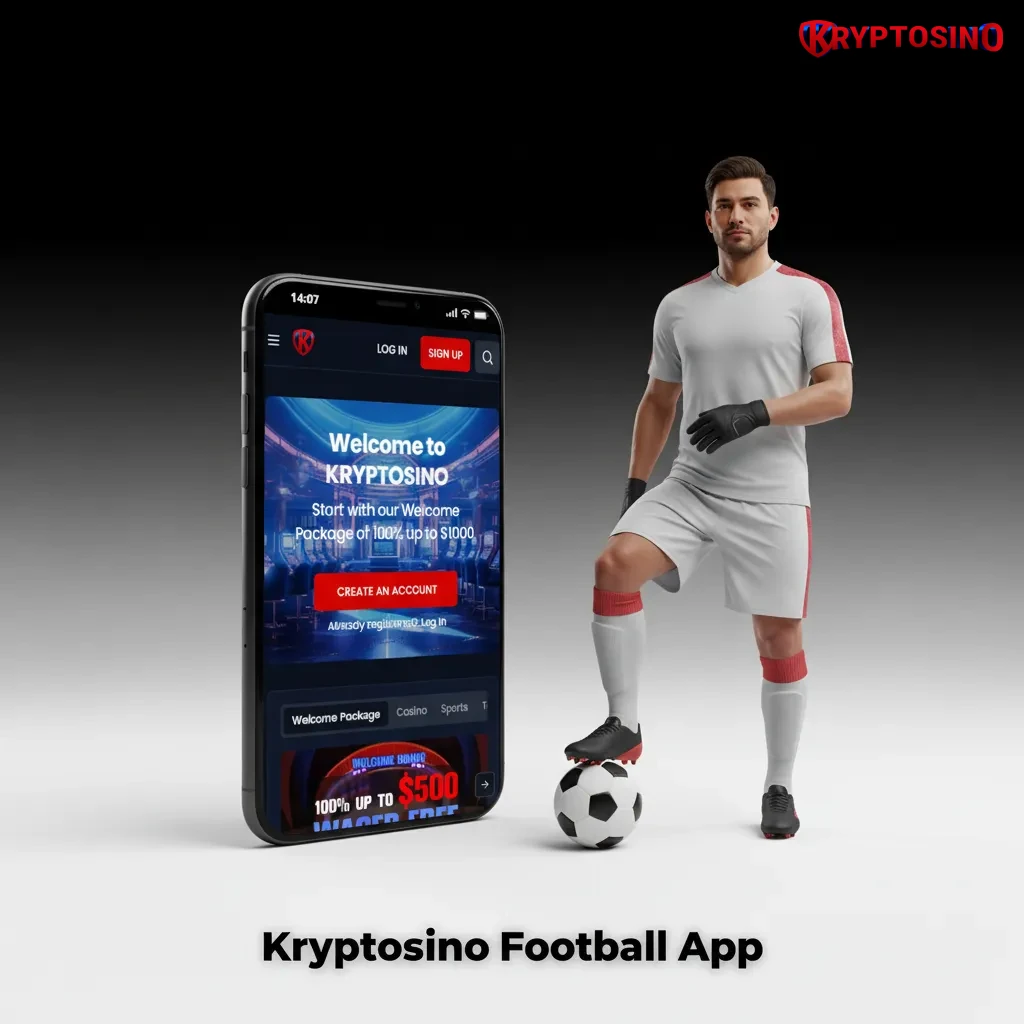 Smartphone displaying the Kryptosino Football app with live odds, bet slip, and in-play betting.