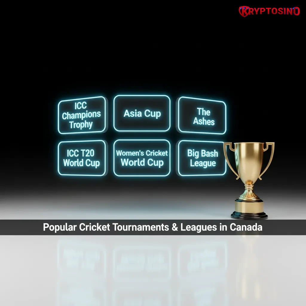 Graphic of cricket tournaments in Canada: World Cup, T20 WC, Ashes, WTC, IPL, BBL, PSL, CPL, The Hundred, Global T20 Canada.
