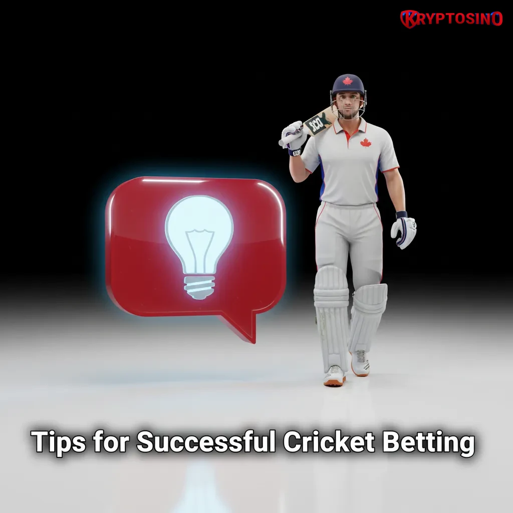 Infographic: cricket betting tips—form, venue, weather, toss, matchups, bankroll, value, in-play, records; Kryptosino tools.