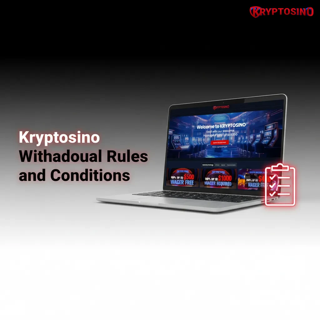 Infographic: Kryptosino withdrawal rules - KYC, own wallet, limits, ~1h approval, blockchain delays, bonus conditions.