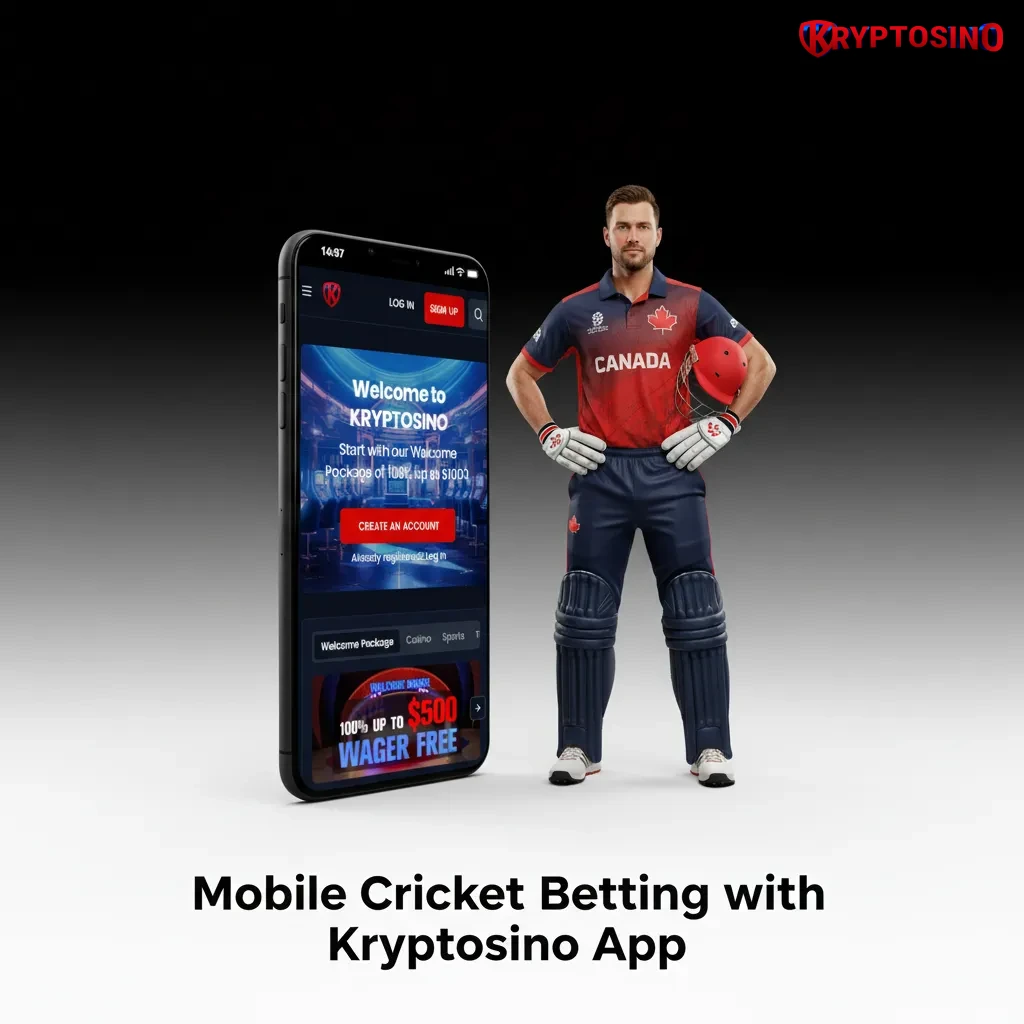 Kryptosino mobile cricket betting PWA on phone, with live odds, bet slip, add to Home Screen on Android and iOS.